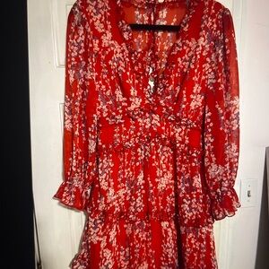 Red Floral Ruffle Long Sleeve Mini Dress Women’s Boho Tiered Chiffon Size Small